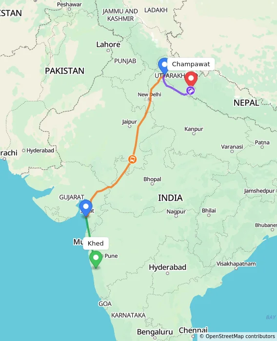 Route map showing distance and travel time from Khed, India to Champawat, India