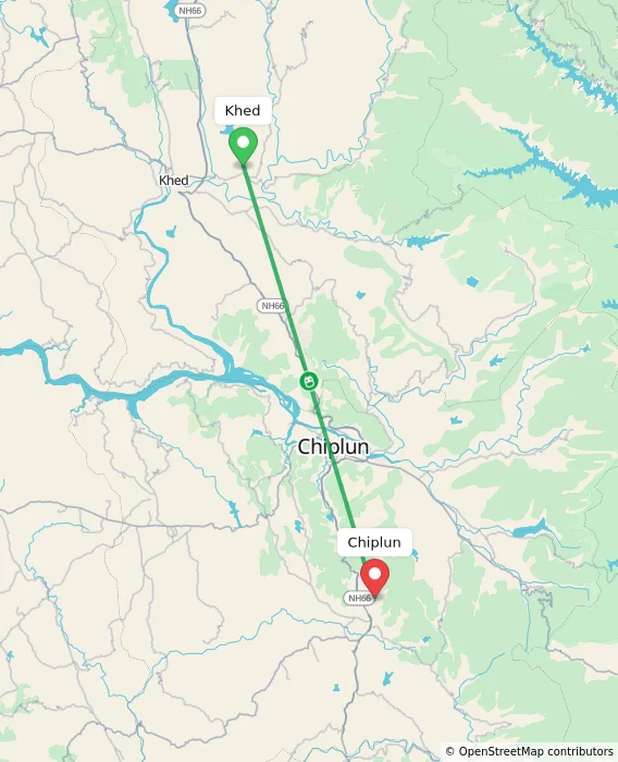 Route map showing distance and travel time from Khed, India to Chiplun, India