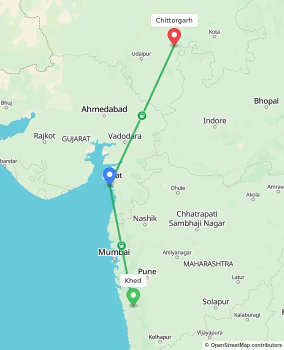 Route map showing distance and travel time from Khed, India to Chittorgarh, India