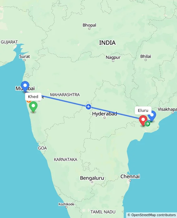 Route map showing distance and travel time from Khed, India to Eluru, India
