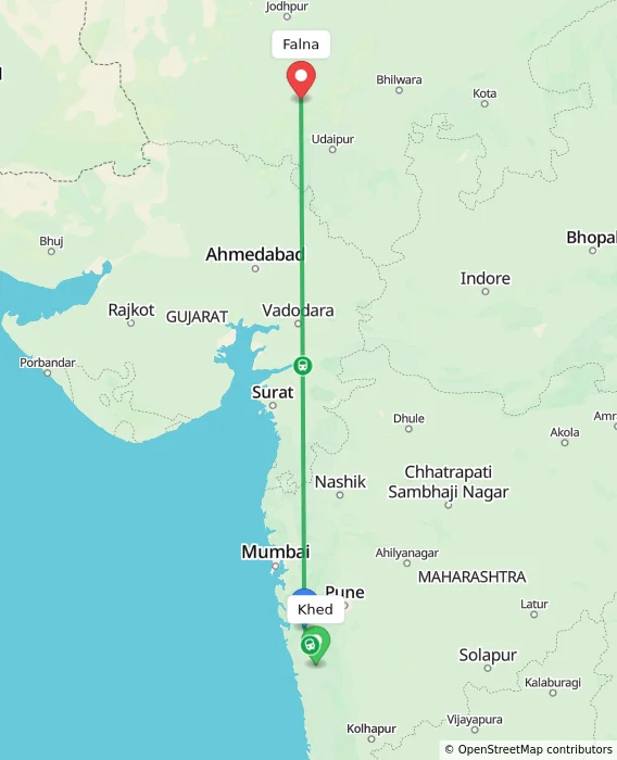 Route map showing distance and travel time from Khed, India to Falna, India