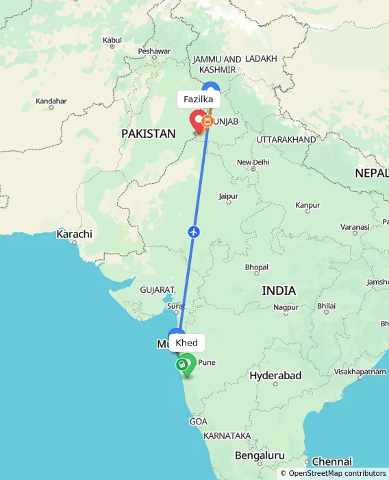 Route map showing distance and travel time from Khed, India to Fazilka, India