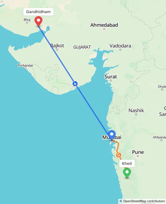Route map showing distance and travel time from Khed, India to Gandhidham, India