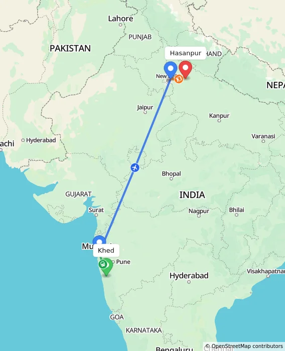 Route map showing distance and travel time from Khed, India to Hasanpur, India