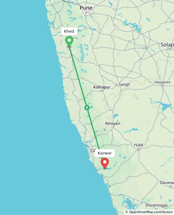 Route map showing distance and travel time from Khed, India to Karwar, India