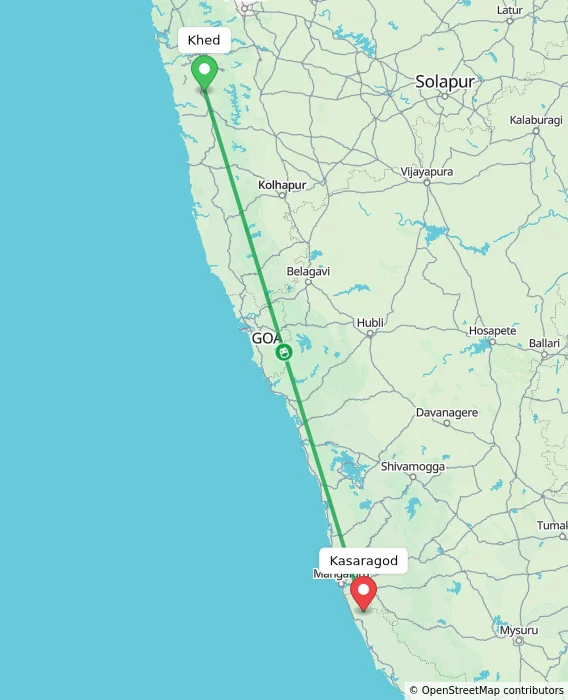 Route map showing distance and travel time from Khed, India to Kasaragod, India