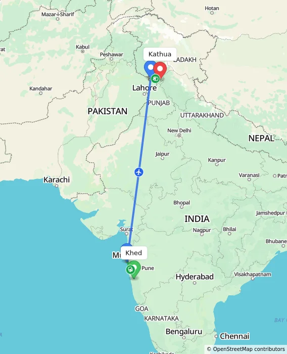 Route map showing distance and travel time from Khed, India to Kathua, India