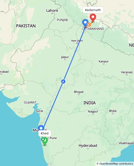 Route map showing distance and travel time from Khed, India to Kedarnath, India