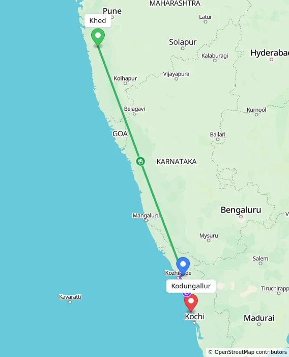 Route map showing distance and travel time from Khed, India to Kodungallur, India