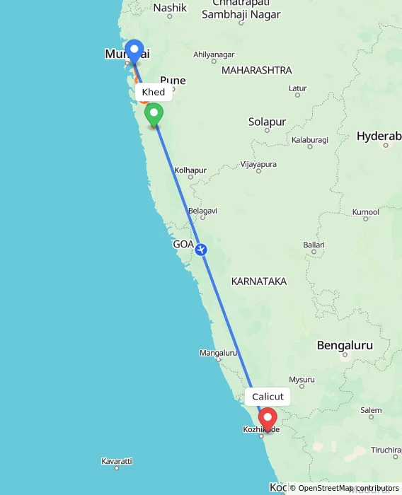 Route map showing distance and travel time from Khed, India to Kozhikode, India