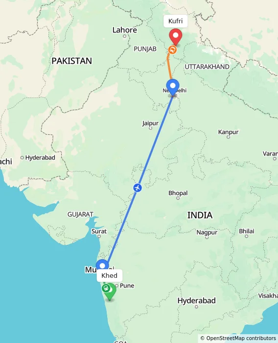 Route map showing distance and travel time from Khed, India to Kufri, India
