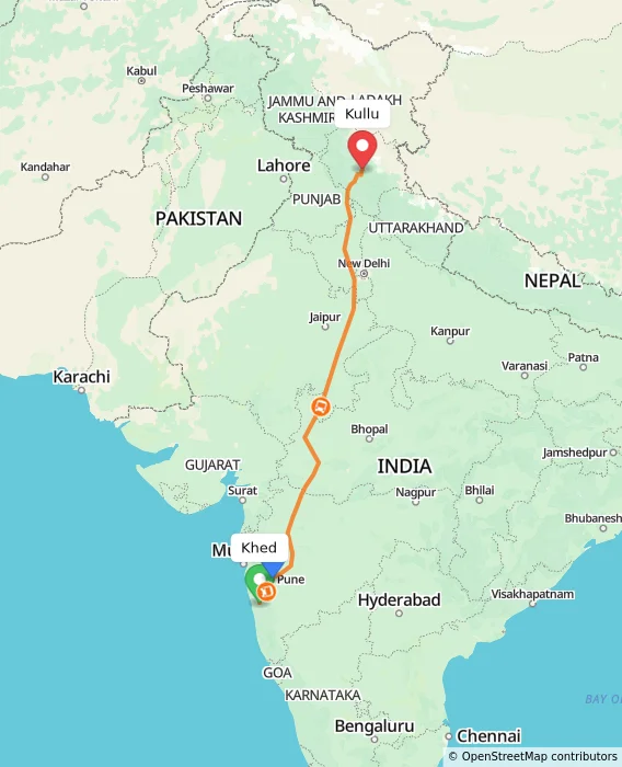 Route map showing distance and travel time from Khed, India to Kullu, India