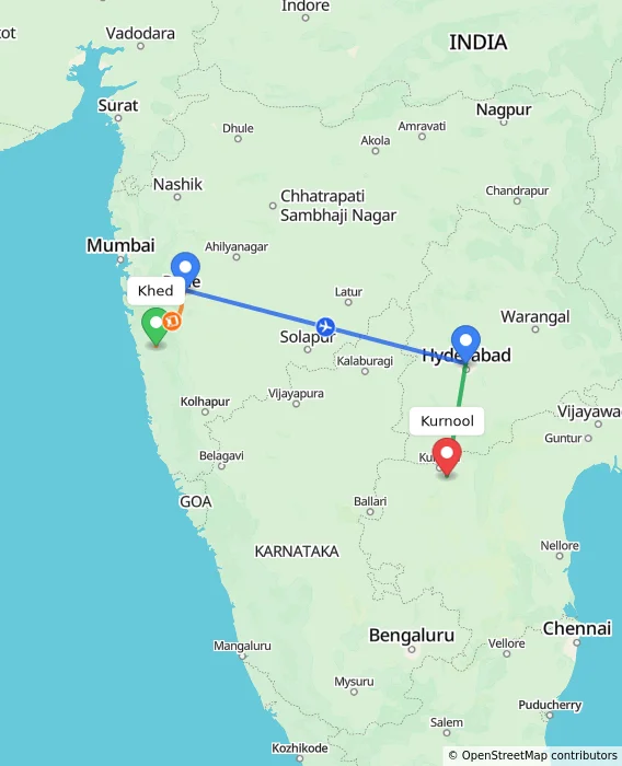Route map showing distance and travel time from Khed, India to Kurnool, India