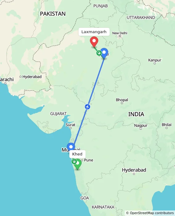 Route map showing distance and travel time from Khed, India to Laxmangarh, India