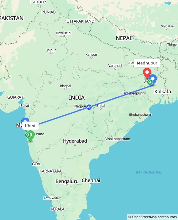 Route map showing distance and travel time from Khed, India to Madhupur, India