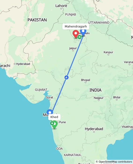 Route map showing distance and travel time from Khed, India to Mahendragarh, India