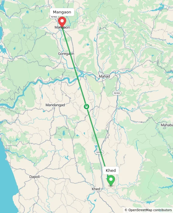 Route map showing distance and travel time from Khed, India to Mangaon, India