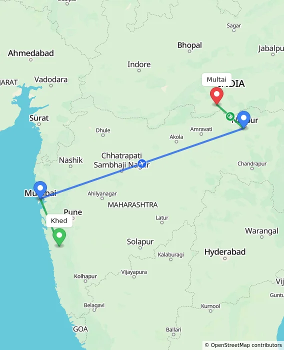 Route map showing distance and travel time from Khed, India to Multai, India