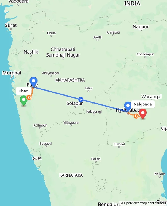 Route map showing distance and travel time from Khed, India to Nalgonda, India
