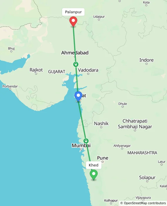Route map showing distance and travel time from Khed, India to Palanpur, India