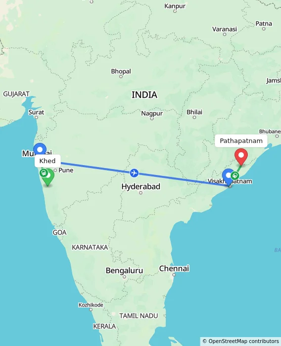 Route map showing distance and travel time from Khed, India to Pathapatnam, India