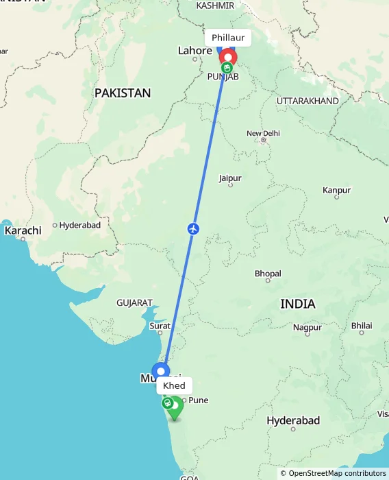 Route map showing distance and travel time from Khed, India to Phillaur, India
