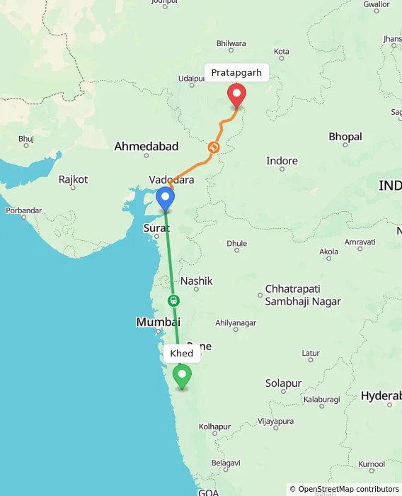 Route map showing distance and travel time from Khed, India to Pratapgarh, India