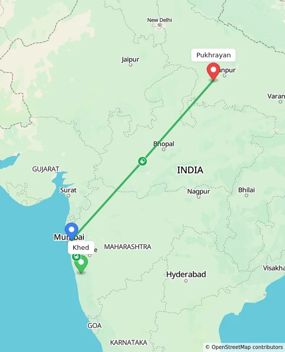 Route map showing distance and travel time from Khed, India to Pukhrayan, India
