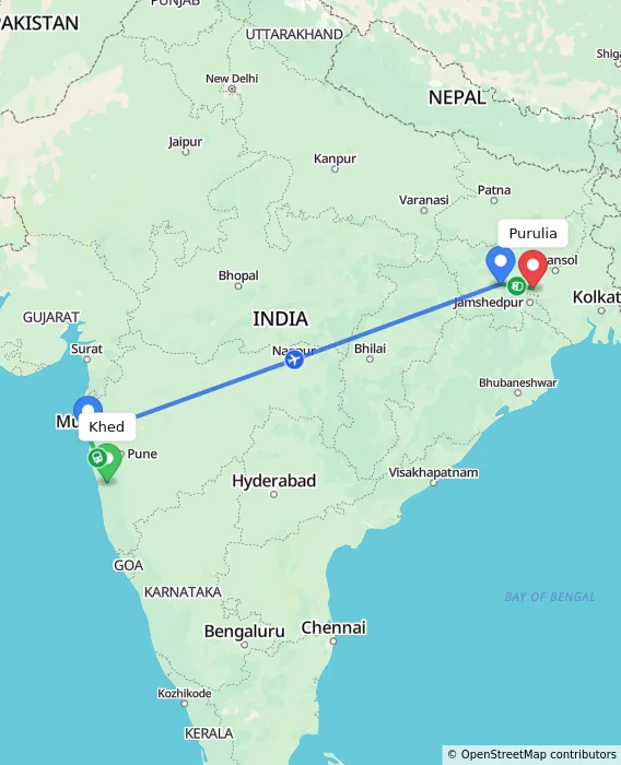 Route map showing distance and travel time from Khed, India to Purulia, India