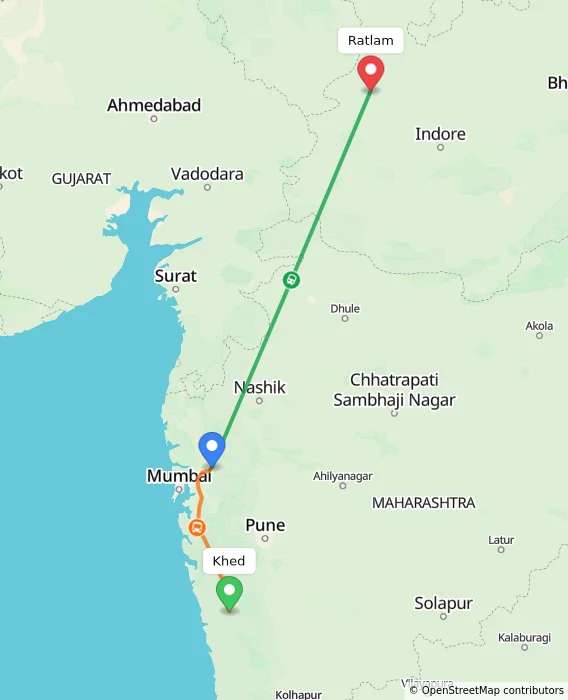 Route map showing distance and travel time from Khed, India to Ratlam, India