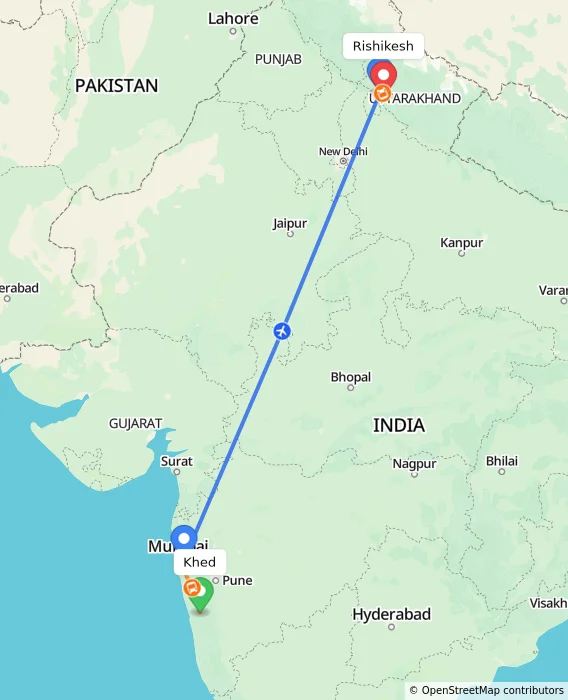Route map showing distance and travel time from Khed, India to Rishikesh, India