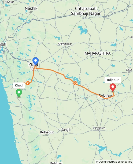 Route map showing distance and travel time from Khed, India to Tuljapur, India