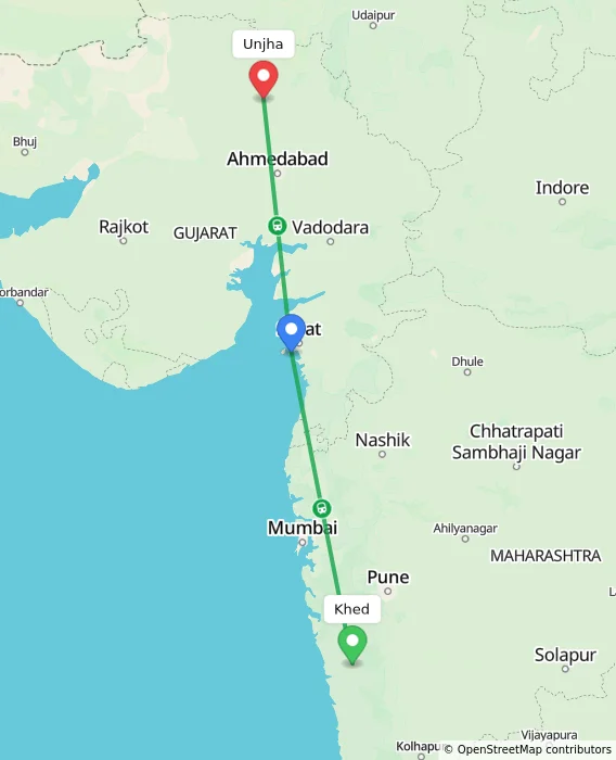 Route map showing distance and travel time from Khed, India to Unjha, India