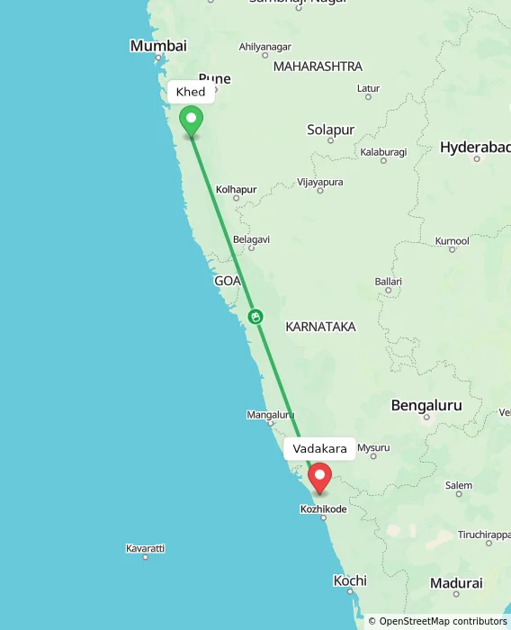 Route map showing distance and travel time from Khed, India to Vadakara, India