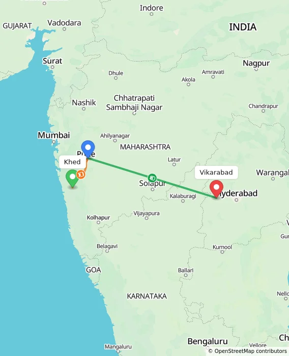 Route map showing distance and travel time from Khed, India to Vikarabad, India