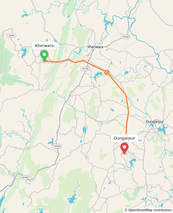 Route map showing distance and travel time from Kherwara, India to Dungarpur, India