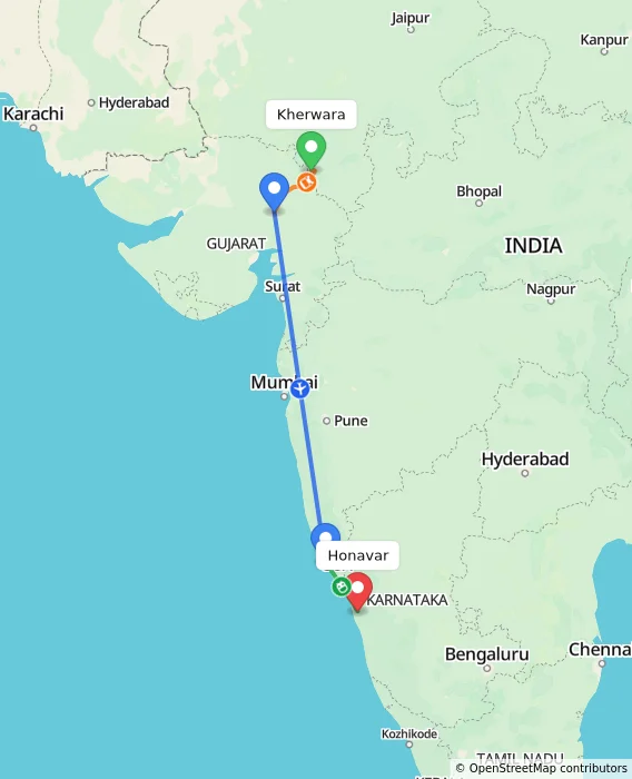 Route map showing distance and travel time from Kherwara, India to Honavar, India