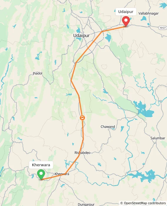 Route map showing distance and travel time from Kherwara, India to Udaipur, India
