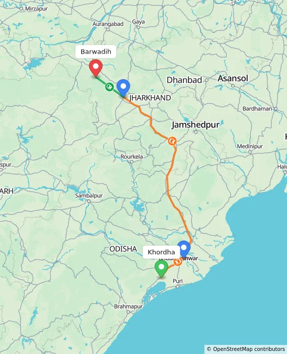 Route map showing distance and travel time from Khordha, India to Barwadih, India