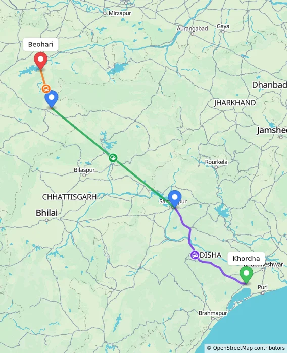 Route map showing distance and travel time from Khordha, India to Beohari, India