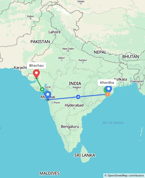 Route map showing distance and travel time from Khordha, India to Bhachau, India