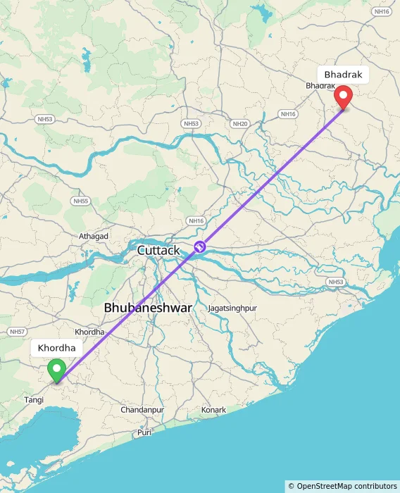 Route map showing distance and travel time from Khordha, India to Bhadrak, India