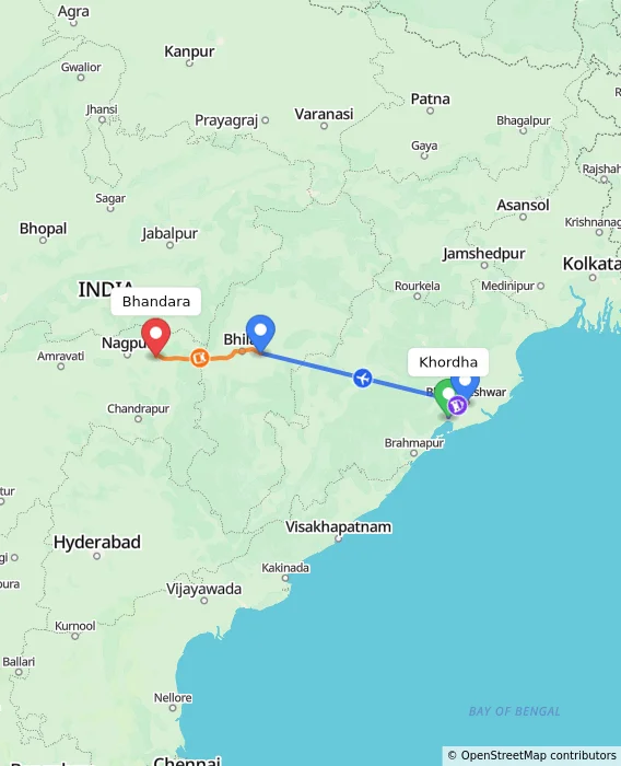 Route map showing distance and travel time from Khordha, India to Bhandara, India