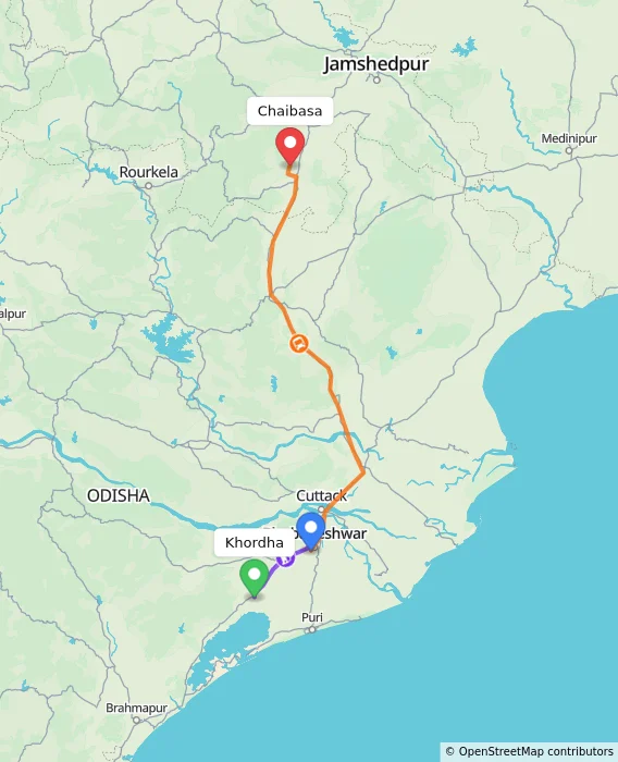 Route map showing distance and travel time from Khordha, India to Chaibasa, India