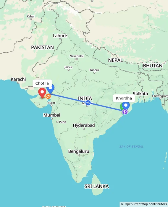 Route map showing distance and travel time from Khordha, India to Chotila, India