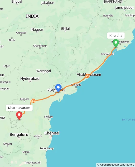 Route map showing distance and travel time from Khordha, India to Dharmavaram, India