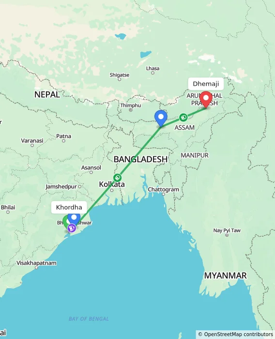 Route map showing distance and travel time from Khordha, India to Dhemaji, India