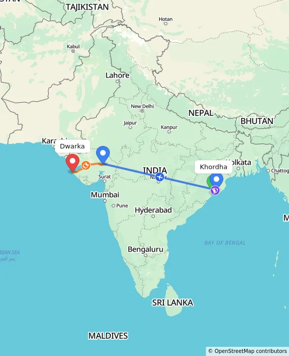 Route map showing distance and travel time from Khordha, India to Dwarka, India
