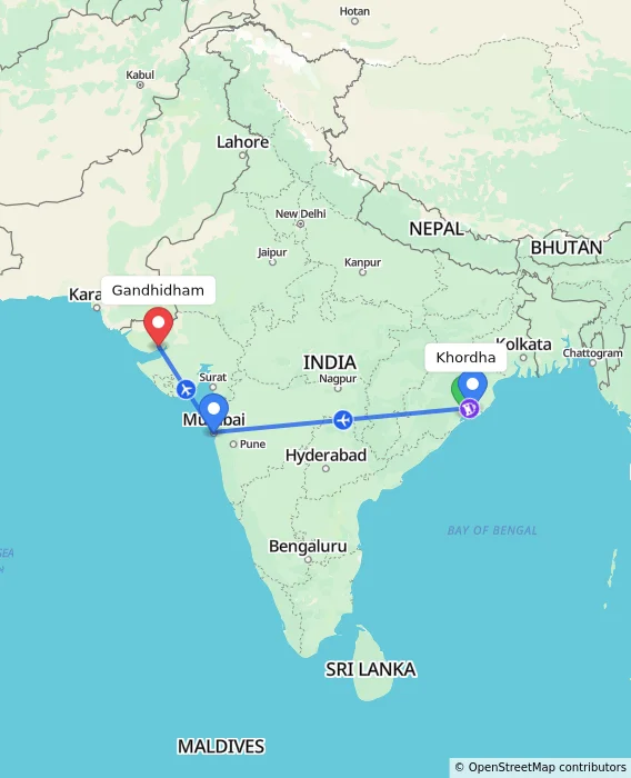 Route map showing distance and travel time from Khordha, India to Gandhidham, India