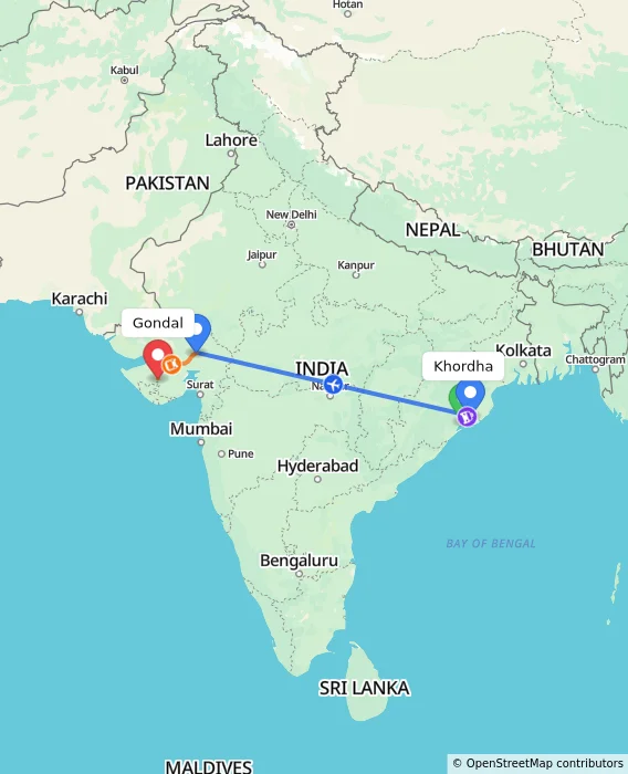 Route map showing distance and travel time from Khordha, India to Gondal, India